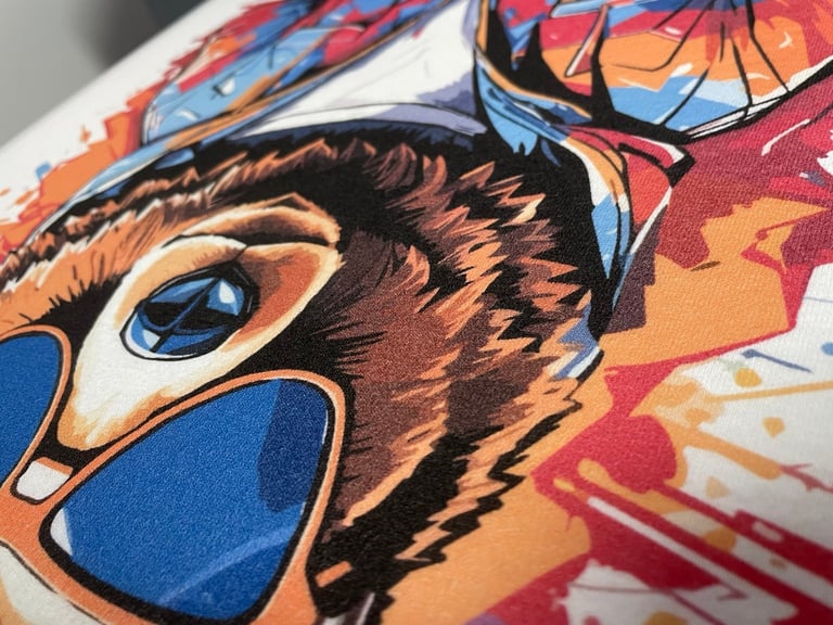 Close-up of colorful cartoon bird illustration with orange, blue, and red colors on fabric or paper