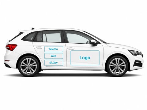 White compact car with labeled advertising areas showing phone, web, and logo placement options for vehicle branding