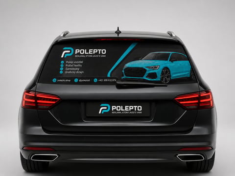 Rear view of a black car with Polepto windshield decal displaying logo, contact information, and illustration of a blue sports car