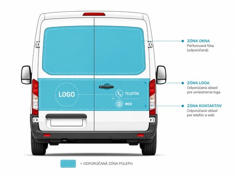 Diagram of a commercial van showing advertising zone layouts on the rear doors and window