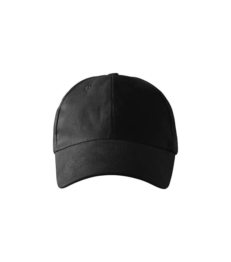 Black baseball cap with curved visor, front view on white background