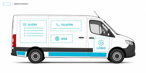 White commercial van with blue stripe showing mockup locations for address, phone, web, and logo placement.
