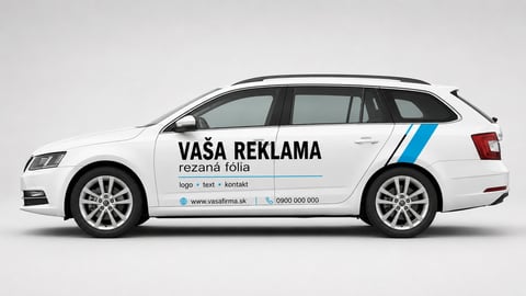 White station wagon with advertising text and blue stripe