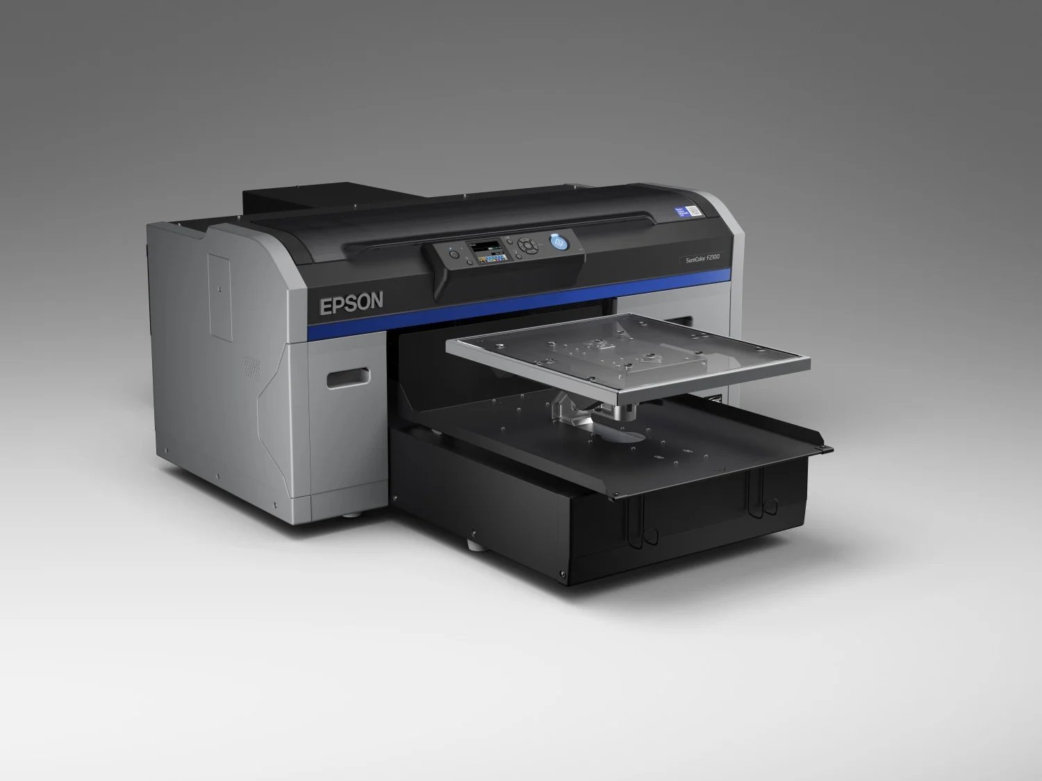 Epson SureColor printer with open input tray displayed from an angled view showing the large format printing system