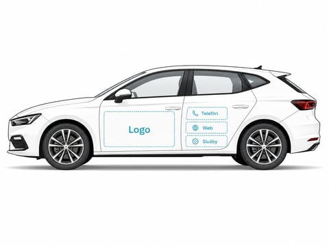 White SUV vehicle with mock-up branding template showing logo and contact information placeholders on side panel