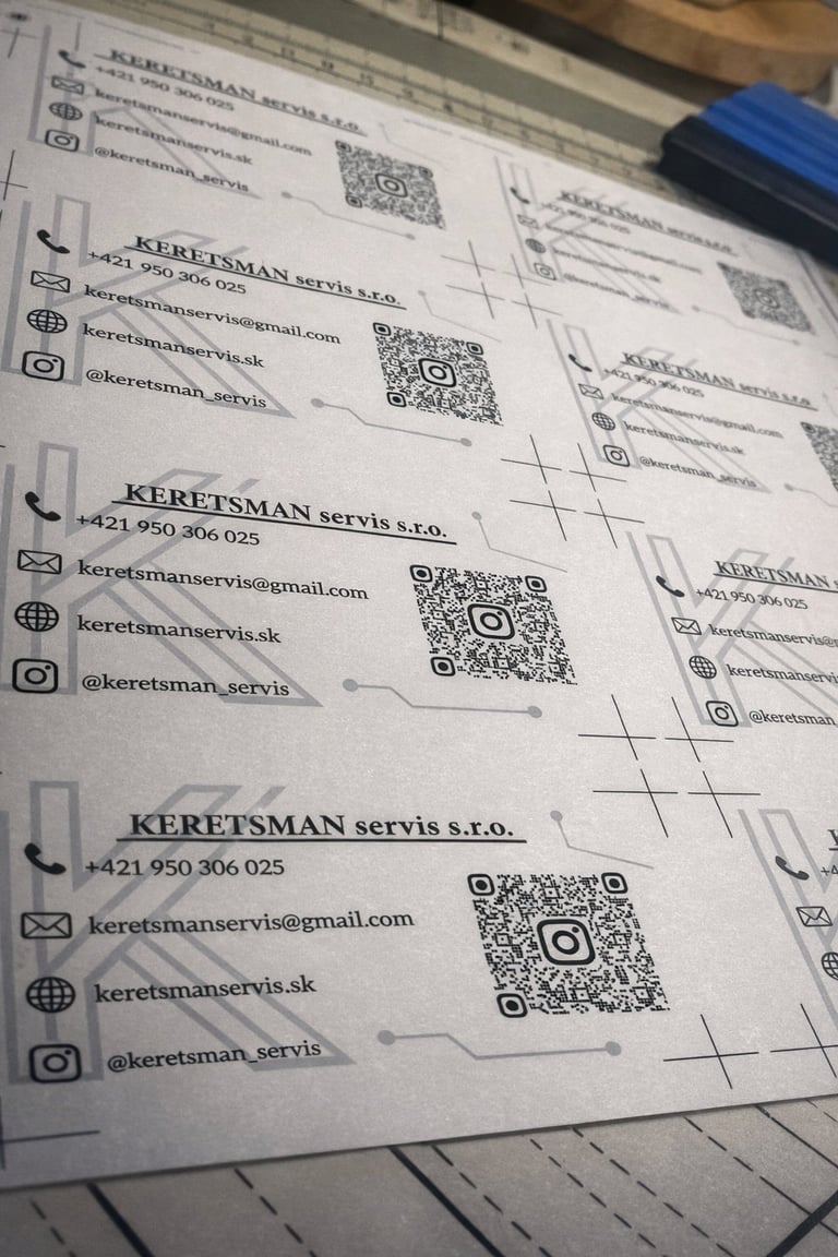 Printed business cards for KERETSMAN servis s.r.o. with contact information, phone numbers, email, website, social media handles, and QR codes