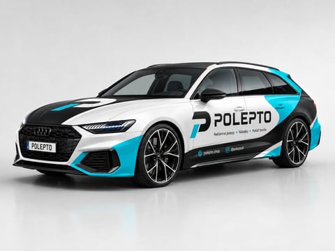 Audi RS6 Avant wrapped in white, cyan and black POLEPTO branding