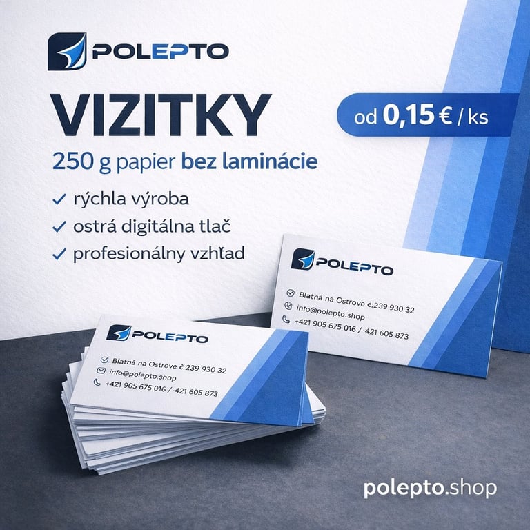 Polepto business cards on gray surface with pricing and features text for 250g unlaminated paper cards