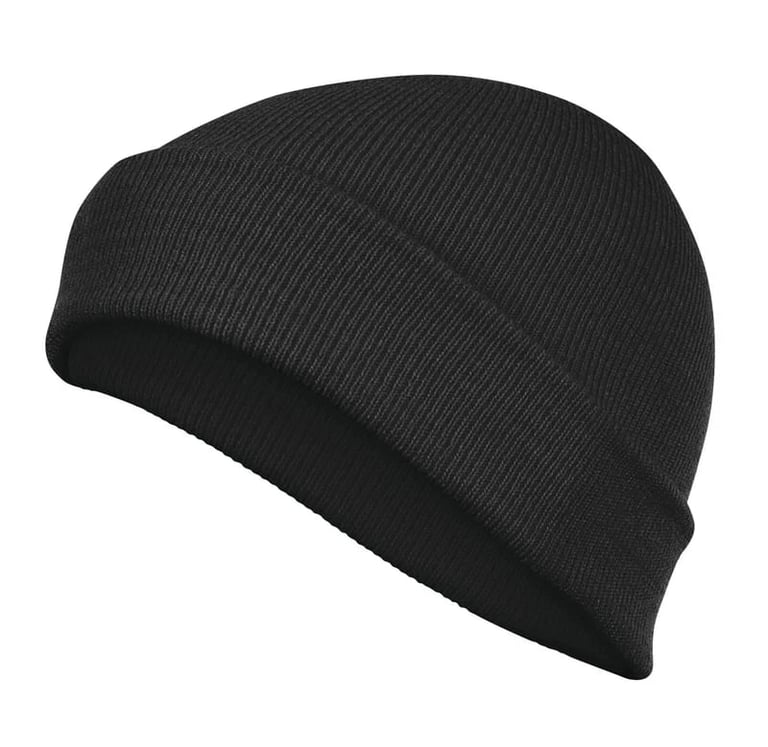 Black ribbed knit beanie hat with contrasting dark band on white background
